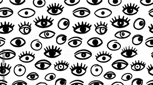 Brush drawn eyes seamless pattern. Hand drawn vector ornament with various opened eyes. Modern hipster style, primitive or naive drawing. Cartoon seamless pattern with parts of faces.