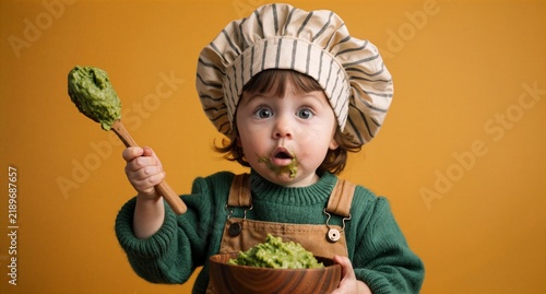 Cute Toddler Chef Making Pesto Sauce with Wooden Spoon and Bowl
