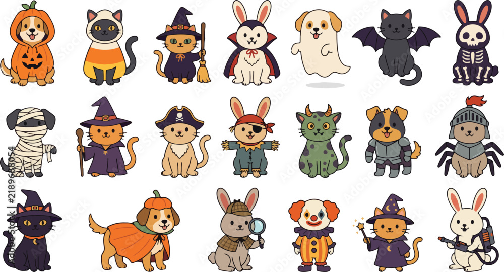 Fototapeta premium Set of cute cartoon animals wearing various costumes for a fun halloween celebration and festive party decoration