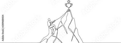 Single one line drawing climber hanging on rope and pulling himself on top of rocky mountain wall to reach trophy. one line art icon drawing