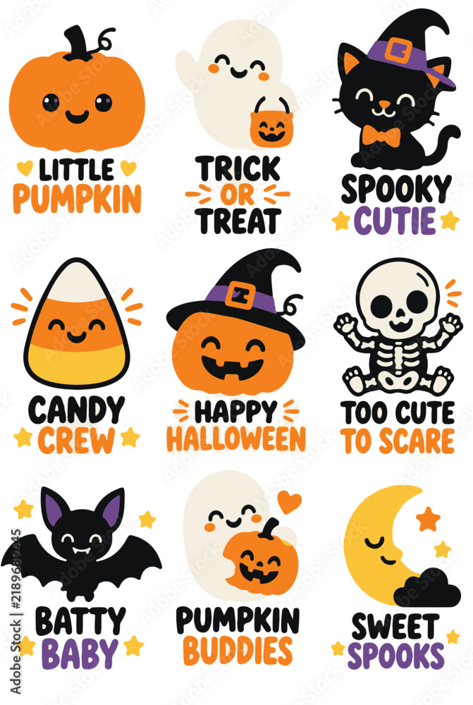 Obraz premium Cute Halloween Themed Clipart Collection Featuring Jack O Lanterns Ghosts Cat and Skeleton