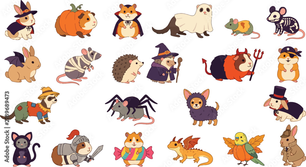 Obraz premium Set of cute cartoon animals wearing costumes for a fun halloween celebration and festive holiday party decoration