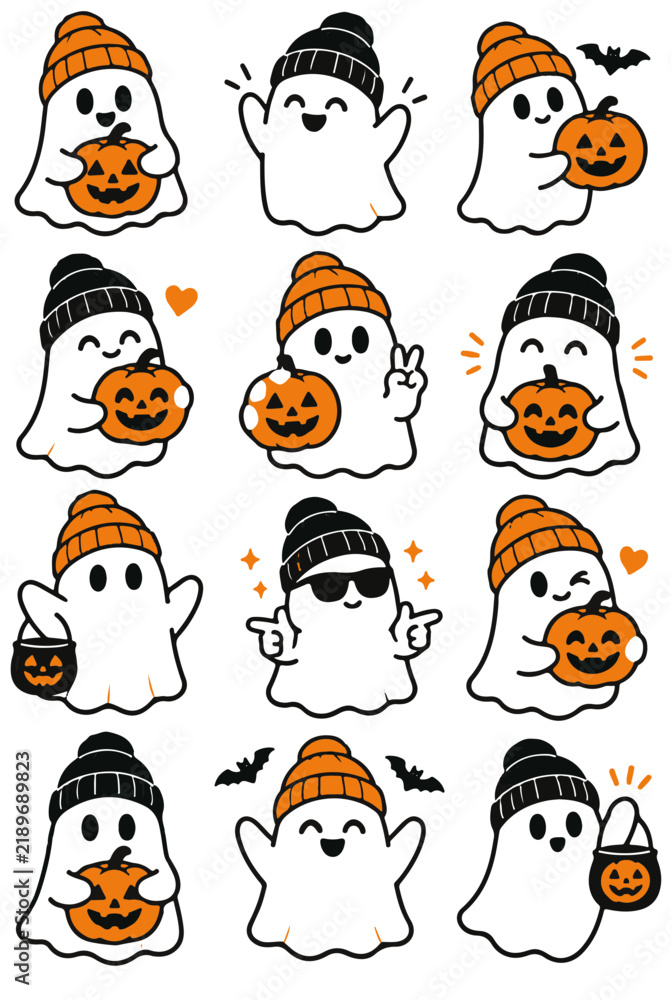 Obraz premium Set of Cute Ghost Characters Wearing Beanies and Holding Halloween Pumpkins