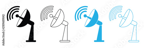 Satellite Dish icon featuring communication antennas, receiver and transmitter equipment, various colors, line styles, and simple flat vector designs