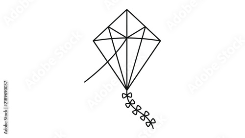 Bild auf Leinwand Simple Kite Illustration: A minimalistic black and white line drawing of a diamond-shaped kite with a string and tail, poised for flight