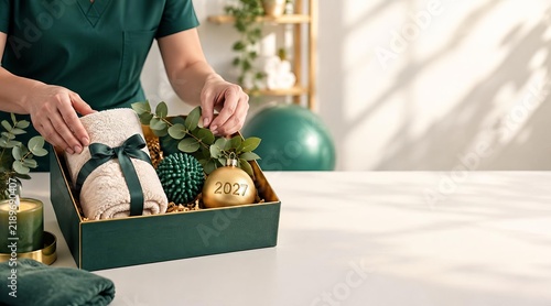 Therapist Preparing a Wellness Gift Box for 2027 in a Modern Clinic