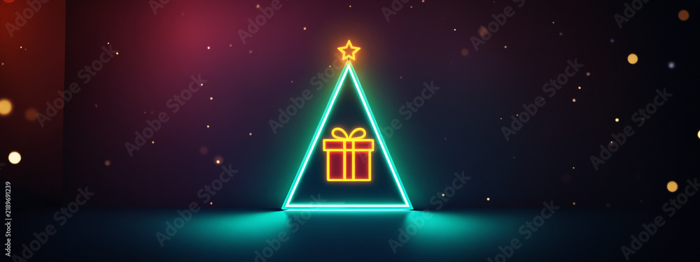 Obraz premium bright glowing cyan neon triangular christmas tree frame topped with a yellow star and enclosing an orange gift box amidst floating light particles on a dark backdrop