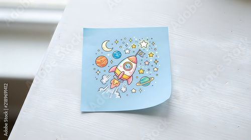 Cute cartoon rocket ship flying in space with stars moon and planets drawn on a blue sticky note paper