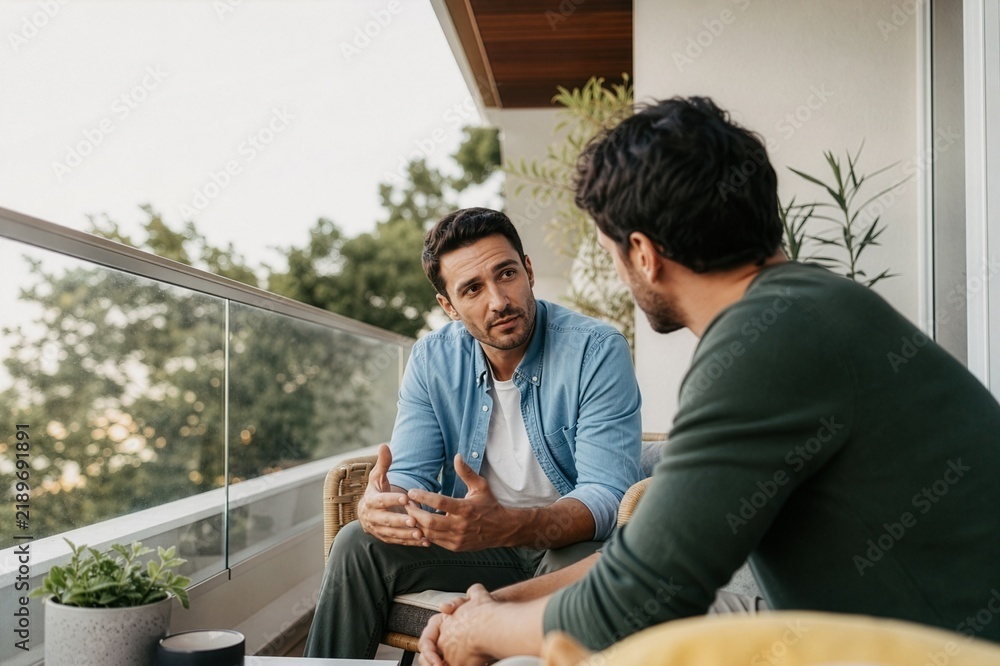 Obraz premium Adult man opening up to a close friend, illustrating men’s mental health, emotional support and honest conversation.