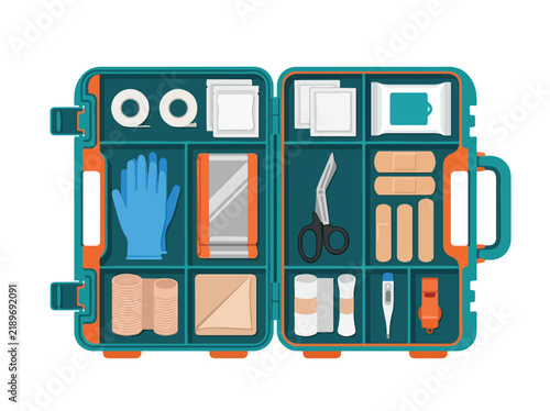 A flat vector illustration of an open medical first aid kit containing various emergency supplies.