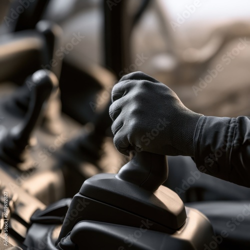 Person wearing black gloves operating the gear shift lever of a vehicle interior focused on hand grip and control knobs in a close-up view