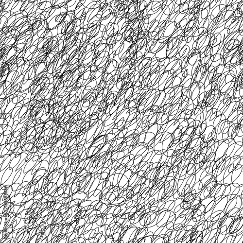 Vector seamless abstract scribble pattern with dense overlapping hand-drawn loops and irregular oval lines, creating a chaotic tangled texture. Black linework on a white background