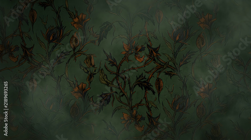 Dark botanical art print featuring vintage floral illustrations with leaves and small flowers on a grunge texture