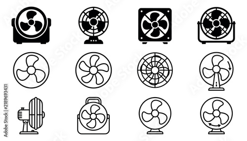 A collection of various electric fan icons presented as a clean black and white vector illustration set for cooling and ventilation design projects