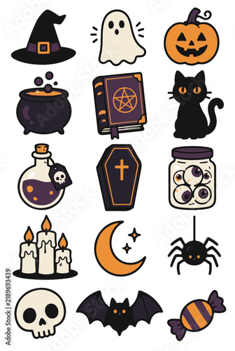 Set of Simple Halloween Icons Featuring Witch Hat Ghost Pumpkin Cauldron and Magic Book