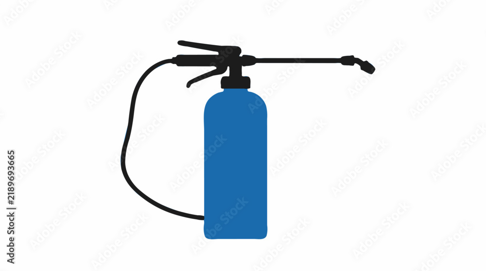 Obraz premium Flat design vector illustration of a blue garden sprayer with a black hose and nozzle, isolated on white