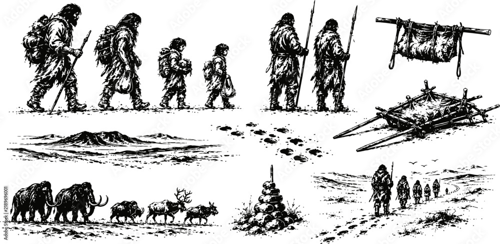Fototapeta premium Cave people hunting expedition and primitive tools prehistoric life, early humans, mammoths and stone age artifacts