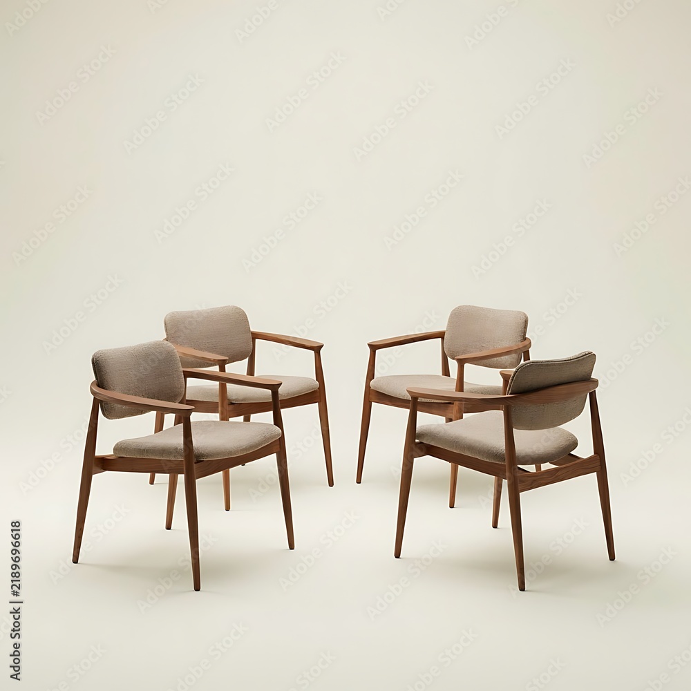 Fototapeta premium Minimal wooden dining chair set with beige cushions isolated against a warm neutral background