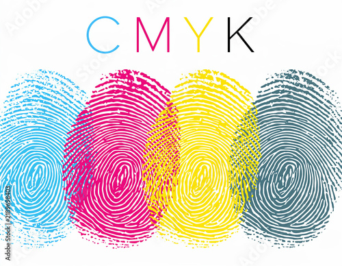 CMYK Fingerprints in Cyan Magenta Yellow and Black on White Background - Printing Color Concept