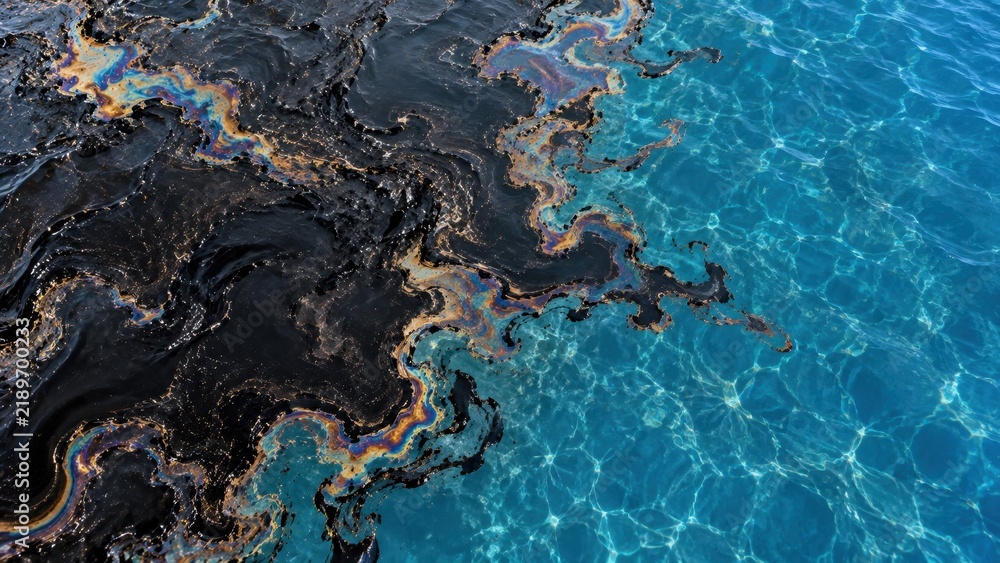 Obraz premium Crude Oil Spill Spreading Across Clear Blue Water, Petroleum Contamination, Marine Pollution and Environmental Disaster Background