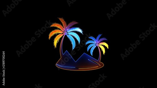 Neon glowing mountain with palm tree video animation. Neon glowing palm tree with mountain animation.