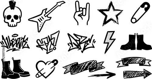 Punk and rock style crayon drawn shapes. Collection of charcoal graffiti doodle figures.