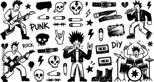 Punk and rock style crayon drawn shapes. Collection of charcoal graffiti doodle figures.