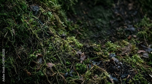 Detailed close up of green mossy forest floor with pine needles and damp dark soil texture in the temperate woodland landscape