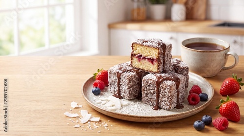 Lamington Cake Squares With Coconut, Chocolate And Berries For Australia Day Traditional Dessert