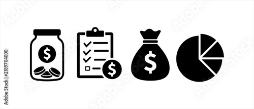 Financial icons set including savings jar bill money bag and chart