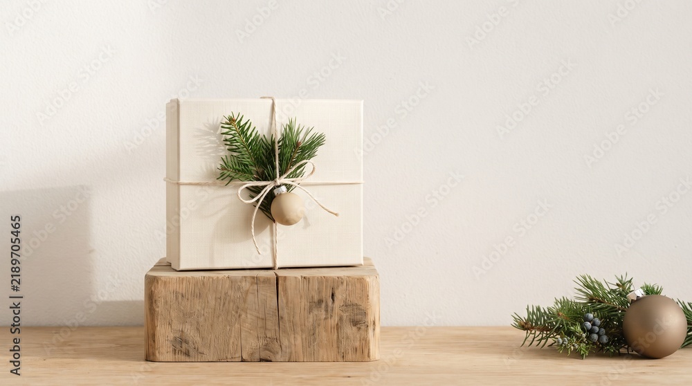 Fototapeta premium Minimal holiday retail product display with sustainable gift packaging