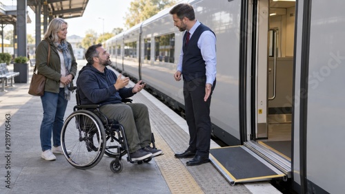 Man in wheelchair talking to train attendant on platform