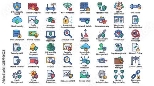 Comprehensive Network Security Icon Set Representing Digital Protection, Data Encryption, and Cyber Infrastructure Safeguards