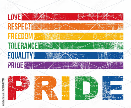 Pride Rainbow Flag Stripes with Love Respect Freedom Equality Typography Distressed Design
