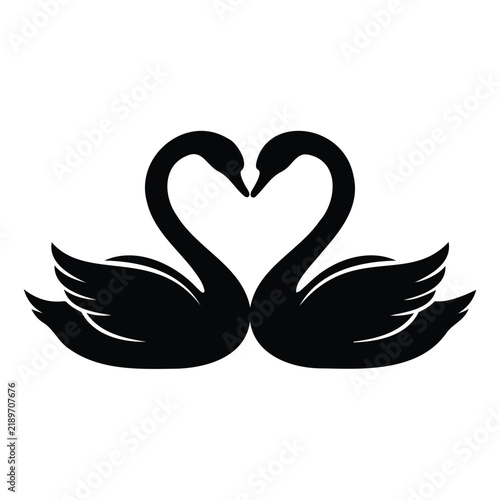 Minimalist black swans silhouette forming heart shape for elegant wedding and love card.