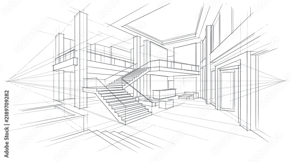 Fototapeta premium Modern Architectural Interior Design Sketch with Staircase.
