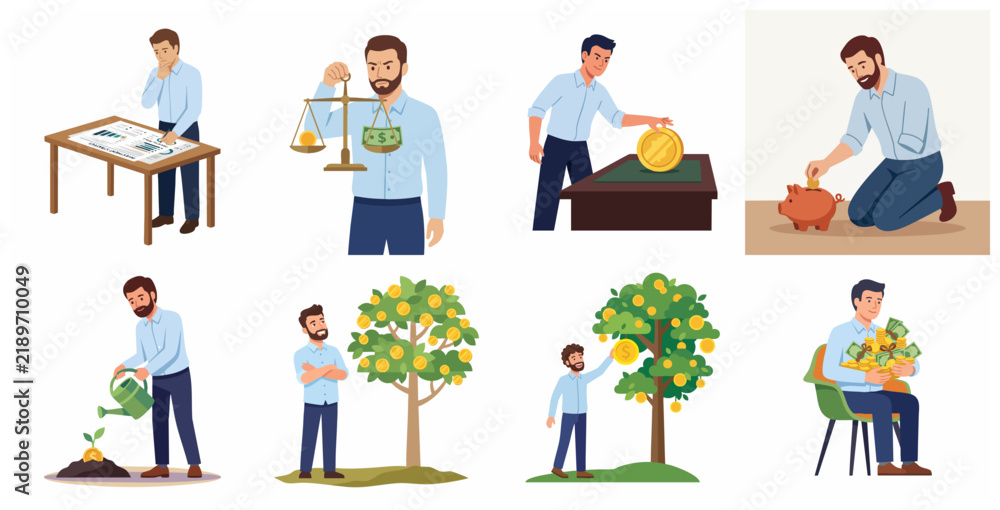 Fototapeta premium Business growth and financial investment concept set with businessman, money tree, piggy bank, and profit icons