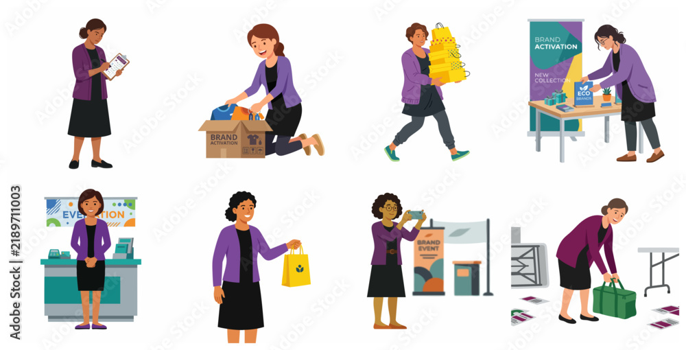 Fototapeta premium Set of professional women managing brand activation events, setting up product displays, unpacking merchandise, and providing customer service in a retail environment