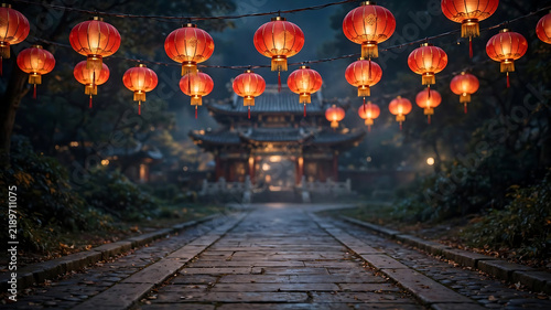 Chinese Lantern Festival Background With Red Paper Lanterns Hanging Over Empty Stone Pathway At Night Temple Bokeh Copy Space
