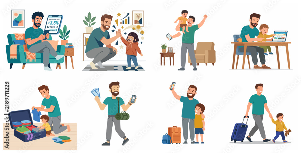 Fototapeta premium Father and son planning a family vacation, managing savings, and packing luggage for a trip illustration set