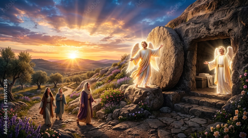 Fototapeta premium Angels at empty tomb of Jesus Christ announce resurrection to three women at sunrise. Biblical scene with glowing angel near rolled stone in garden.
