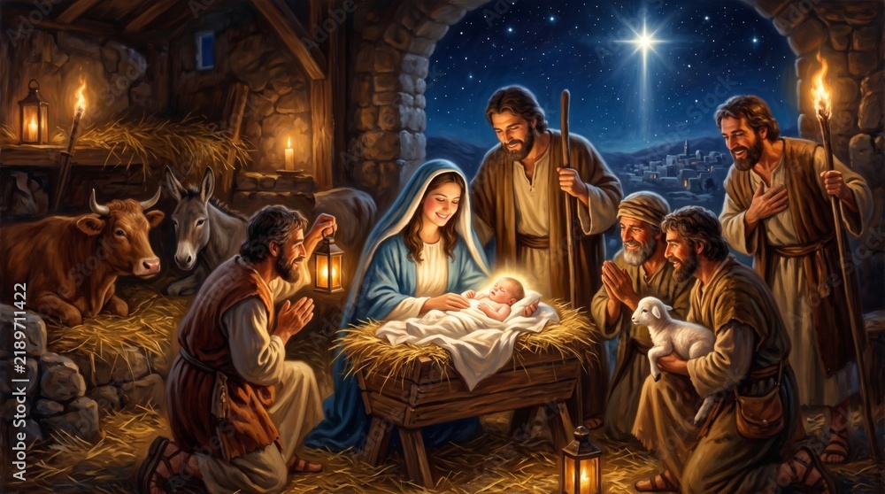 Fototapeta premium Nativity scene with baby Jesus in manger, Mary and Joseph surrounded by shepherds and animals in stable. Bright star of Bethlehem shining over night sky above holy family.
