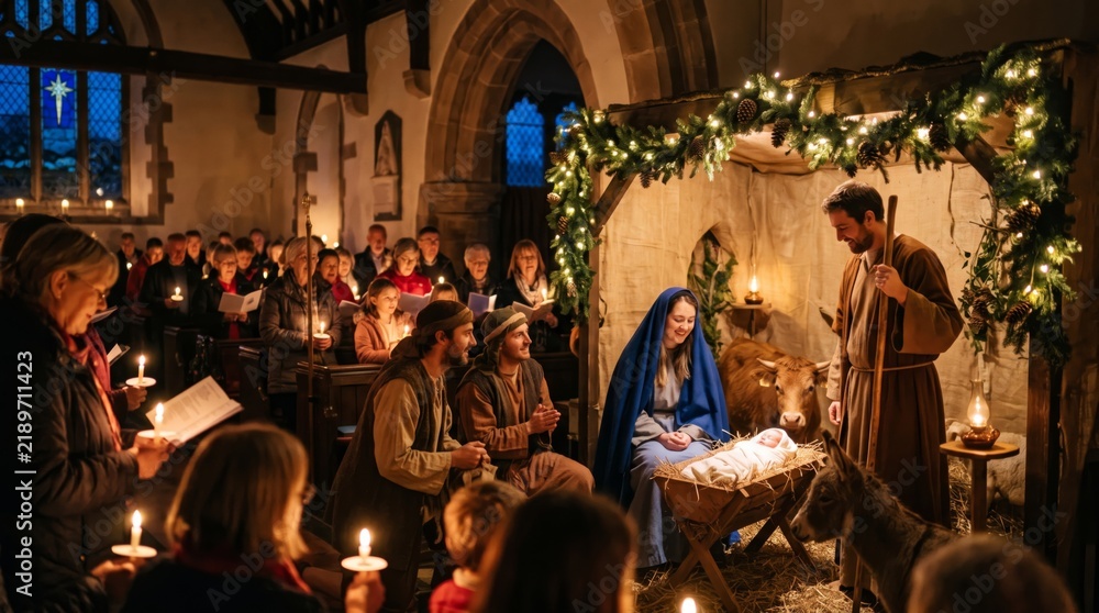 Obraz premium People holding candles watch living nativity scene with baby Jesus in manger at church. Woman as Mary and man as Joseph perform Christmas nativity play with actors in costumes.