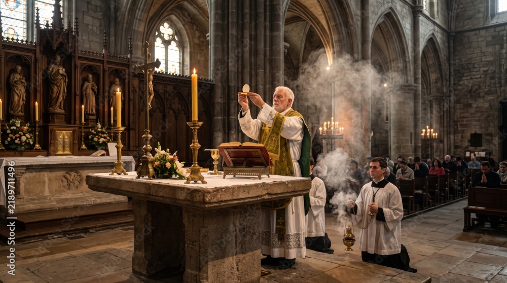 Obraz premium Priest raising Eucharist host during Catholic mass at stone altar in gothic cathedral. Altar boy kneeling with incense smoke and candles near crucifix.