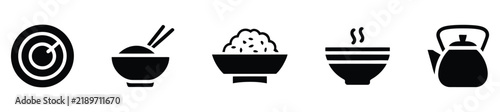 Set of black silhouette food and drink icons featuring bowls of rice and teapot