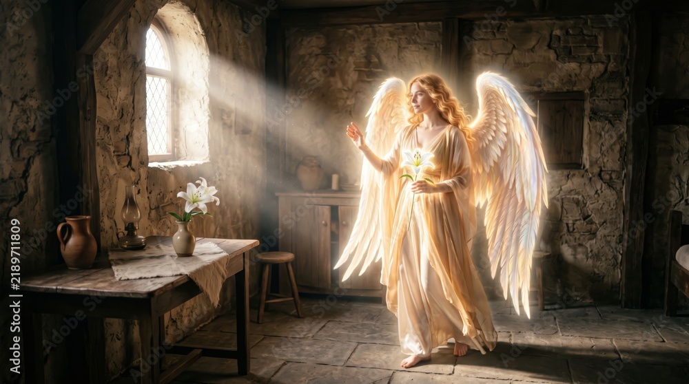 Fototapeta premium Angel with white lily and glowing wings in old stone room with sunlight from window. Biblical annunciation scene of divine messenger holding lily flower.