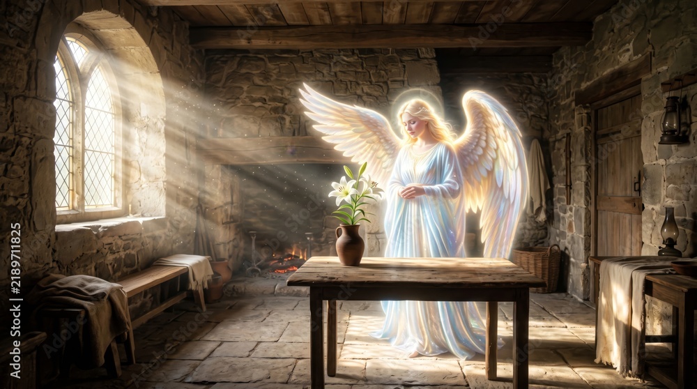 Fototapeta premium Woman angel with glowing wings holding white lily in old stone room with sunlight. Biblical annunciation scene in medieval interior.