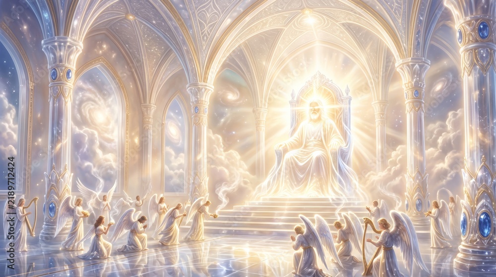Fototapeta premium God on throne in heavenly palace surrounded by kneeling angels. Radiant divine light fills celestial temple with gothic arches and clouds.