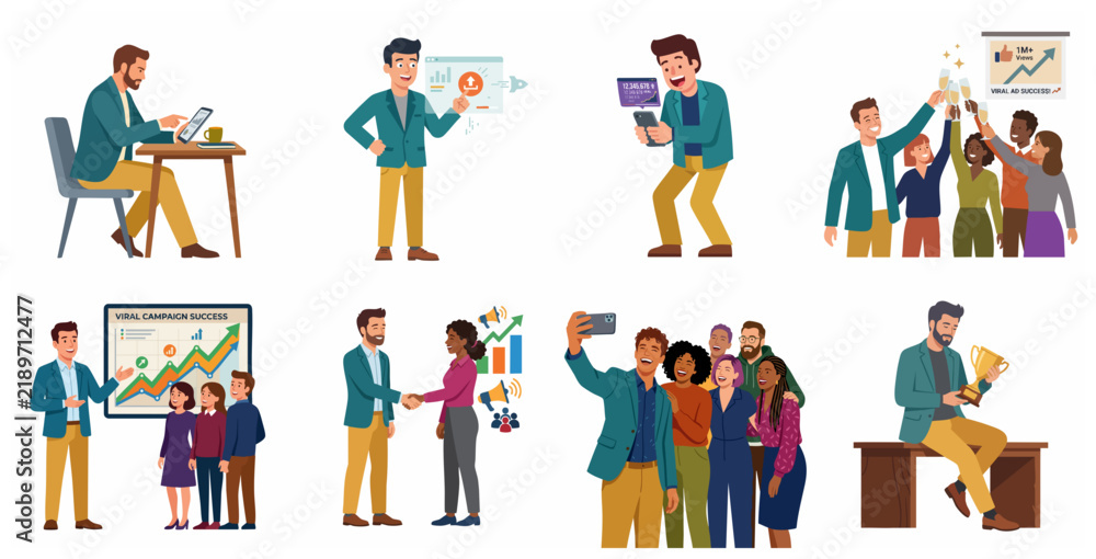 Fototapeta premium Business Professionals Character Set: Teamwork, Success, Social Media Growth, and Achievement Illustrations
