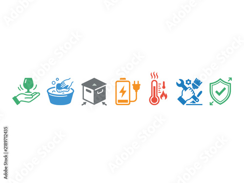 E- COMMERCE Industrial product care icons set, 7 colorful vector symbols for packaging, maintenance and handling instructions Vector